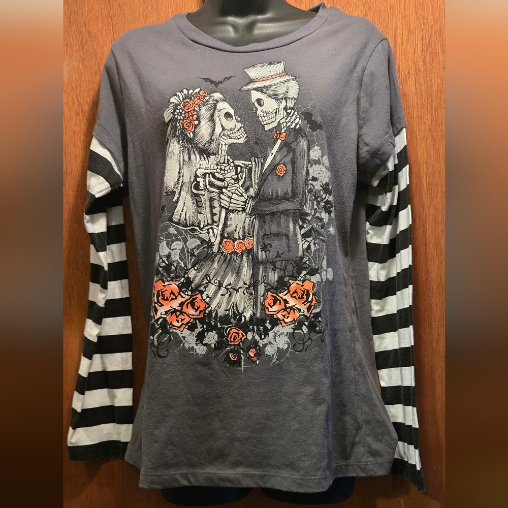 Halloween Skull Gray Wedding T-shirt Jrs SzXL - Picture 1 of 7